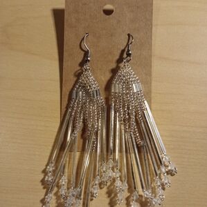 Vintage 90s Y2K Dangle Drop White Clear Beaded Earrings French Hook